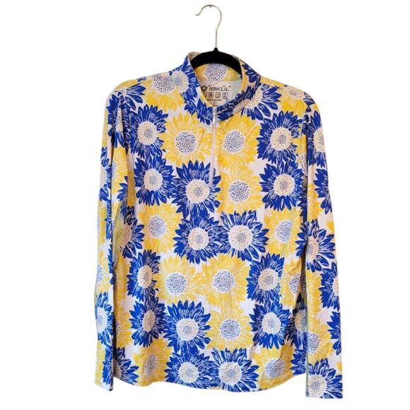 IBKUL Women's Blue & Yellow Sunflower Print UPF 50+ Quarter Zip Pullover Size XL - Picture 1 of 5